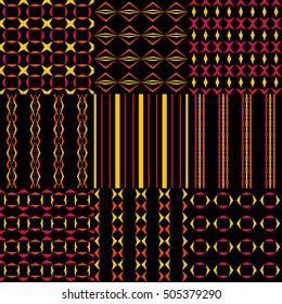 Set of 9 abstract colorful seamless pattern on a black background. These patterns can be used in the design of the fabric, paper, cover, card and as a design element.