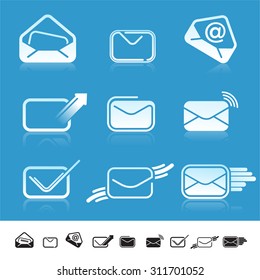 Set of 9 abstract communication icons with silhouettes of envelopes.
