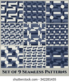 Set of 9 abstract contemporary geometric seamless patterns with windmill, circle, rectangle, square and triangle shapes of blue grey shades