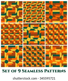 Set of 9 abstract contemporary geometric seamless patterns with windmill, circle, rectangle, square and triangle shapes of teal, orange, brown and yellow shades