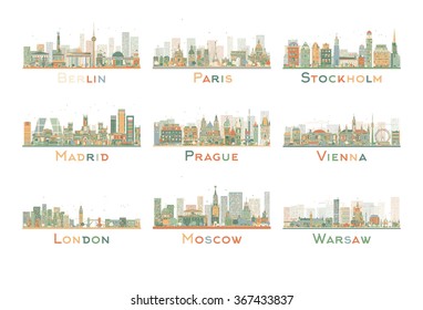 Set of 9 Abstract Europe City Skyline. Vector Illustration. Skyline with World Landmarks. Business travel and tourism concept. Image for presentation, banner, placard and web site.