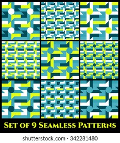 Set of 9 abstract fashionable geometric seamless patterns with windmill, circle, rectangle, square and triangle shapes of  teal, yellow, white and blue shades