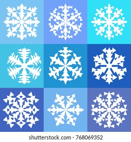 Set of 9 abstract, fictional, white snowflakes. Vector illustration.