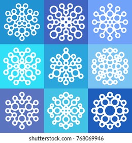 Set of 9 abstract, fictional, white snowflakes. Vector illustration.