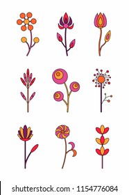 Set of 9 abstract flowers. Vintage colors. Colorful icon isolated on white