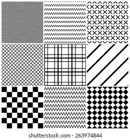 Set of 9 abstract geometric patterns. Classic black and white seamless wallpaper. Vector illustration. Fantasy background with geometric shapes. Zigzag, chevron, checkerboard, rhombus, lines, cross