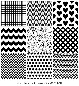 Set of 9 abstract geometric patterns. Classic black and white seamless wallpaper. Vector illustration. Fantasy background with geometric shapes. Zigzag, chevron, circle, rhombus,stars.