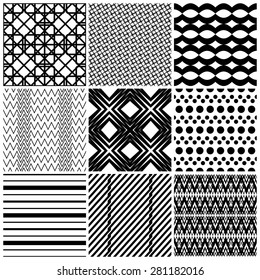 Set of 9 abstract geometric patterns. Classic black and white seamless wallpaper. Vector illustration. Fantasy background with geometric shapes. Zigzag, chevron, polka dot, circle, rhombus, lines.