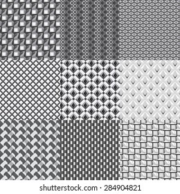 Set of 9 abstract geometric seamless patterns. Vector illustration. Can be used as backdrop, wallpaper, background.