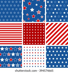 Set of 9 abstract geometric seamless pattern with stars and stripes. Background, Texture. Vector illustration