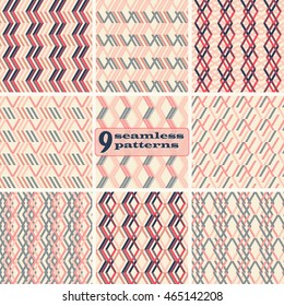 Set of 9 abstract geometric seamless patterns. Zigzag, rhomboid, parallelogram shapes of striped wide lines in red, pink, blue, beige colors. Vector illustration for stylish modern design