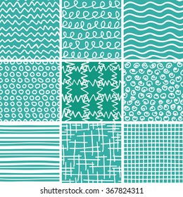 Set of 9 abstract seamless doodle patterns and textures. Can be used for wallpapers, pattern fills, web page backgrounds, textile prints etc. EPS8 vector illustration includes Pattern Swatches.