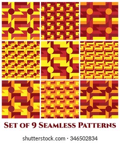 Set of 9 abstract stylish geometric seamless patterns with different shapes of vinous, yellow, orange, and cherry shades