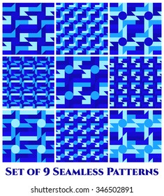 Set of 9 abstract trendy seamless patterns with different geometric shapes of blue shades