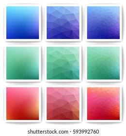 Set of 9 abstract vector gradient backgrounds. Gradient mesh. Square. Blurred bright backdrop. Bright red fond. Green dynamic geometric fond.