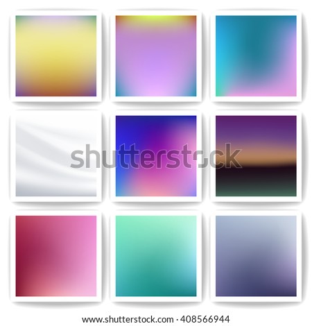 Set of 9 abstract vector gradient backgrounds. Gradient mesh. Square. Photo filter. Blurred backdrop. Calm fond. 