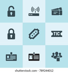 Set of 9 access filled icons such as badge, ticket, router, privacy group, lock, unlock
