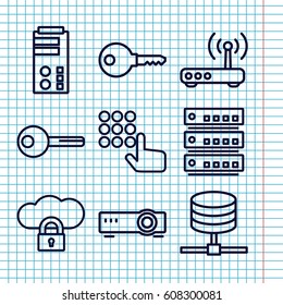 Set of 9 access outline icons such as key, router, hand on atm, server