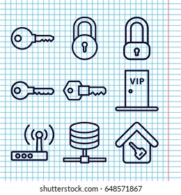 Set of 9 access outline icons such as lock, key, home key, vip door, router