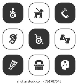 Set Of 9 Accessibility Icons Set.Collection Of Stroller, Hard Of Hearing, Phone And Other Elements.