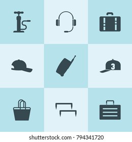 Set of 9 accessory filled icons such as car pump, case, staples, headphones, baseball cap, beach bag, hat, luggage