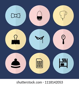 Set of 9 accessory filled and outline icons such as mirror, winter hat, paper clamp, mask, bow tie, sim card, luggage storage
