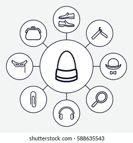 Set of 9 accessory outline icons such as bllade razor, mirror, man shoe, bag, earphones, hat and moustache, mask, purse