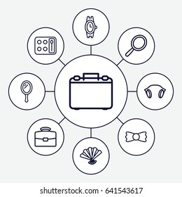 Set of 9 accessory outline icons such as mirror, eyeshadow palette, wrist watch, bow tie, earphones, fan