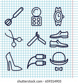 Set of 9 accessory outline icons such as bllade razor, eyeshadow palette, woman shoe, wrist watch, man shoe, medical scissors, earphone wire, hat and moustache