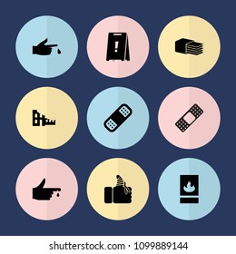 Set of 9 accident filled icons such as bandage, injured finger, fire protection, broken house