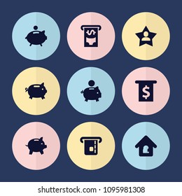 Set of 9 account filled icons such as money box, lock home, piggy bank, money in atm, credit card in atm