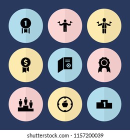 Set of 9 achievement filled icons such as man with flags, diploma, medal, ranking, number 1 medal, apple target