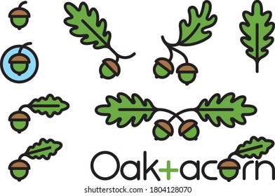 Set of 9 acorn and oak leaf design elements. Decorative vector nature illustrations with bold outline.