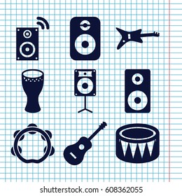 Set of 9 acoustic filled icons such as guitar, drum, tambourine, loudspeaker, speaker