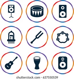 set of 9 acoustic filled icons such as tonometer, guitar, drum, musical instrument, tambourine, loudspeaker