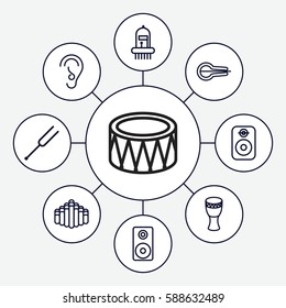Set of 9 acoustic outline icons such as ear, musical instrument, tonometer, drum, harmonica, loudspeaker