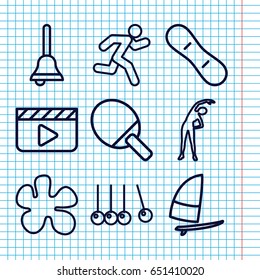 Set of 9 action outline icons such as exercising, running, bell, snow board, windsurfing, cradle, ping pong racket, clapper board