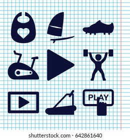 Set of 9 active filled icons such as baby bid, finger pressing play button, treadmill, play, exercise bike, soccer trainers, windsurfing