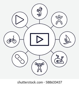 Set of 9 active outline icons such as squat, play, surfing, volleyball player, exercise bike, snow board, power lifter