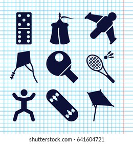 Set of 9 activity filled icons such as kite, domino, squat, skate board, table tennis, badminton, tent
