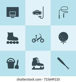 Set of 9 activity filled icons such as bucket scoop, bicycle, skate, ice skating, golf ball, baseball bat, scuba, basketball