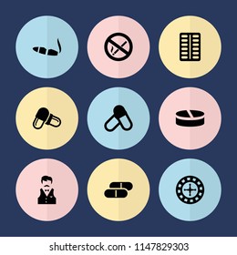 Set of 9 addiction filled icons such as roulette, cigarette, pill, no smoking
