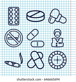 Set of 9 addiction outline icons such as roulette, casino boy, cigarette, pill