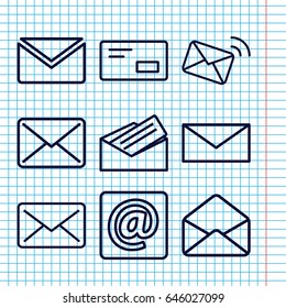 Set of 9 address outline icons such as mail, envelope, at email, letter