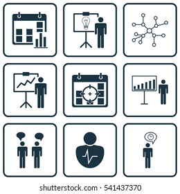 Set Of 9 Administration Business Icons. Includes Project Targets, Planning, Project Presentation And Other Symbols. Beautiful Business Icon Design Elements.