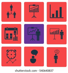 Set Of 9 Administration Icons. Includes Special Demonstration, Presentation Date, Project Presentation And Other Symbols. Beautiful Design Elements.