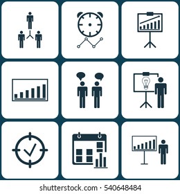 Set Of 9 Administration Icons. Includes Group Organization, Report Demonstration, Project Presentation And Other Symbols. Beautiful Design Elements.