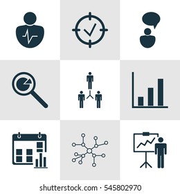 Set Of 9 Administration Icons. Includes Conversation, Approved Target, Special Demonstration And Other Symbols. Beautiful Design Elements.