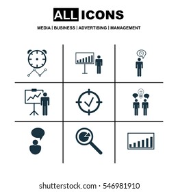 Set Of 9 Administration Icons. Includes Planning, Approved Target, Co-Working And Other Symbols. Beautiful Design Elements.