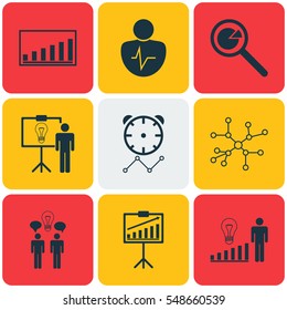 Set Of 9 Administration Icons. Includes Conversation, Project Analysis, Co-Working And Other Symbols. Beautiful Design Elements.